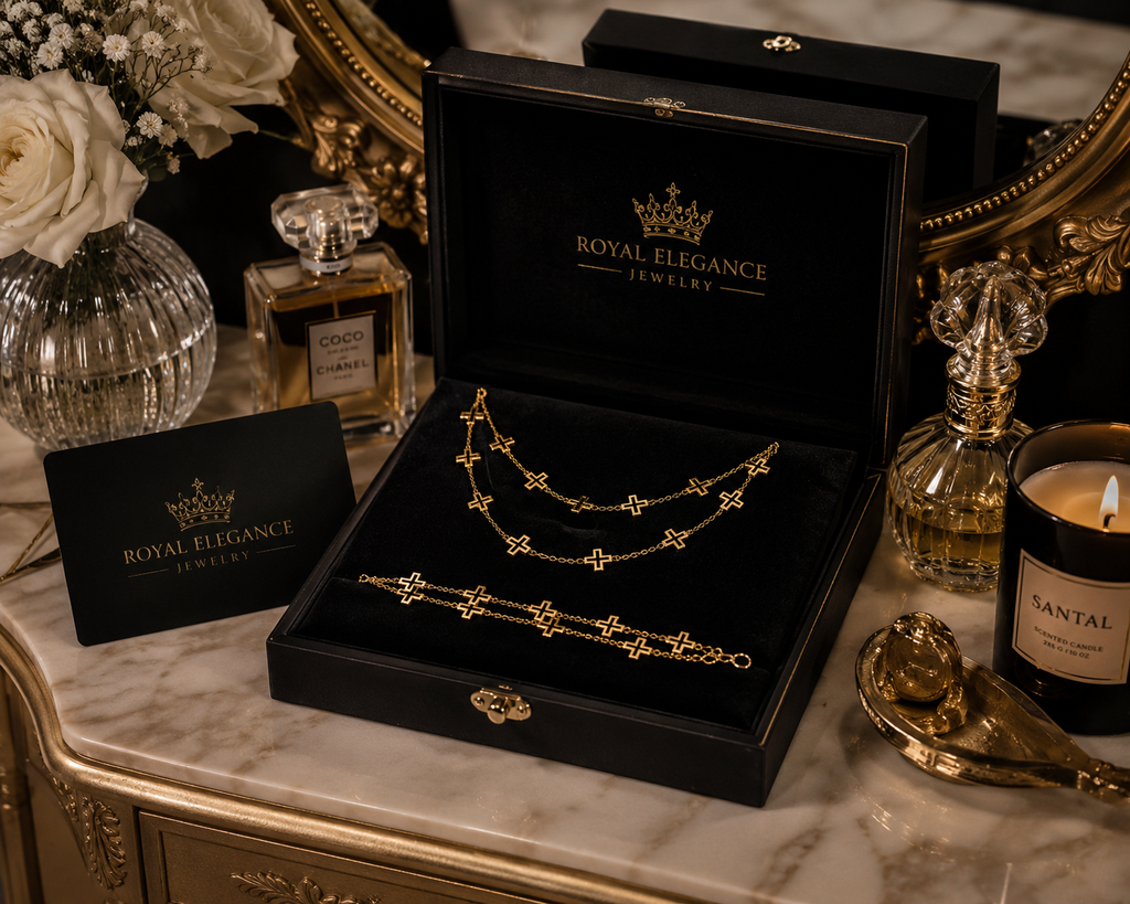 Elegant Gold Cross Necklace & Bracelet Set for Women – Luxury Faith Jewelry