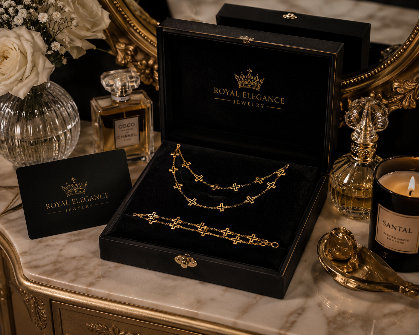 Elegant Gold Cross Necklace & Bracelet Set for Women – Luxury Faith Jewelry