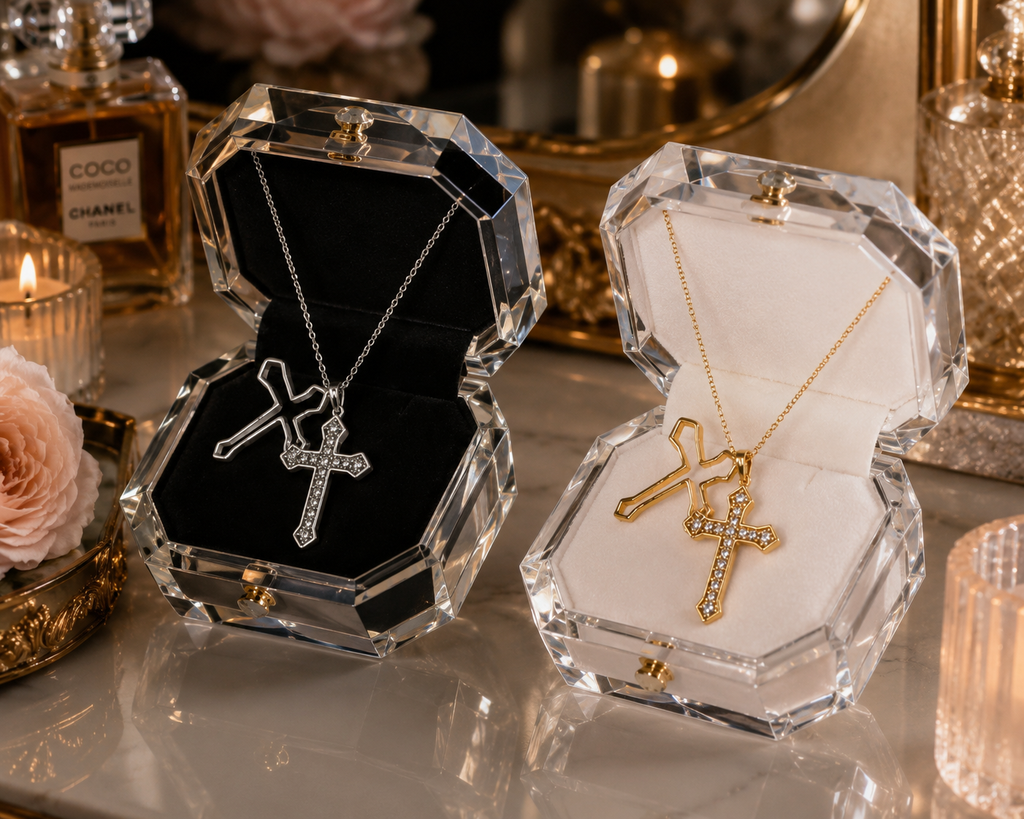 Elegant Double Cross Necklace for Women – Gold & Silver Crystal Cross Pendant