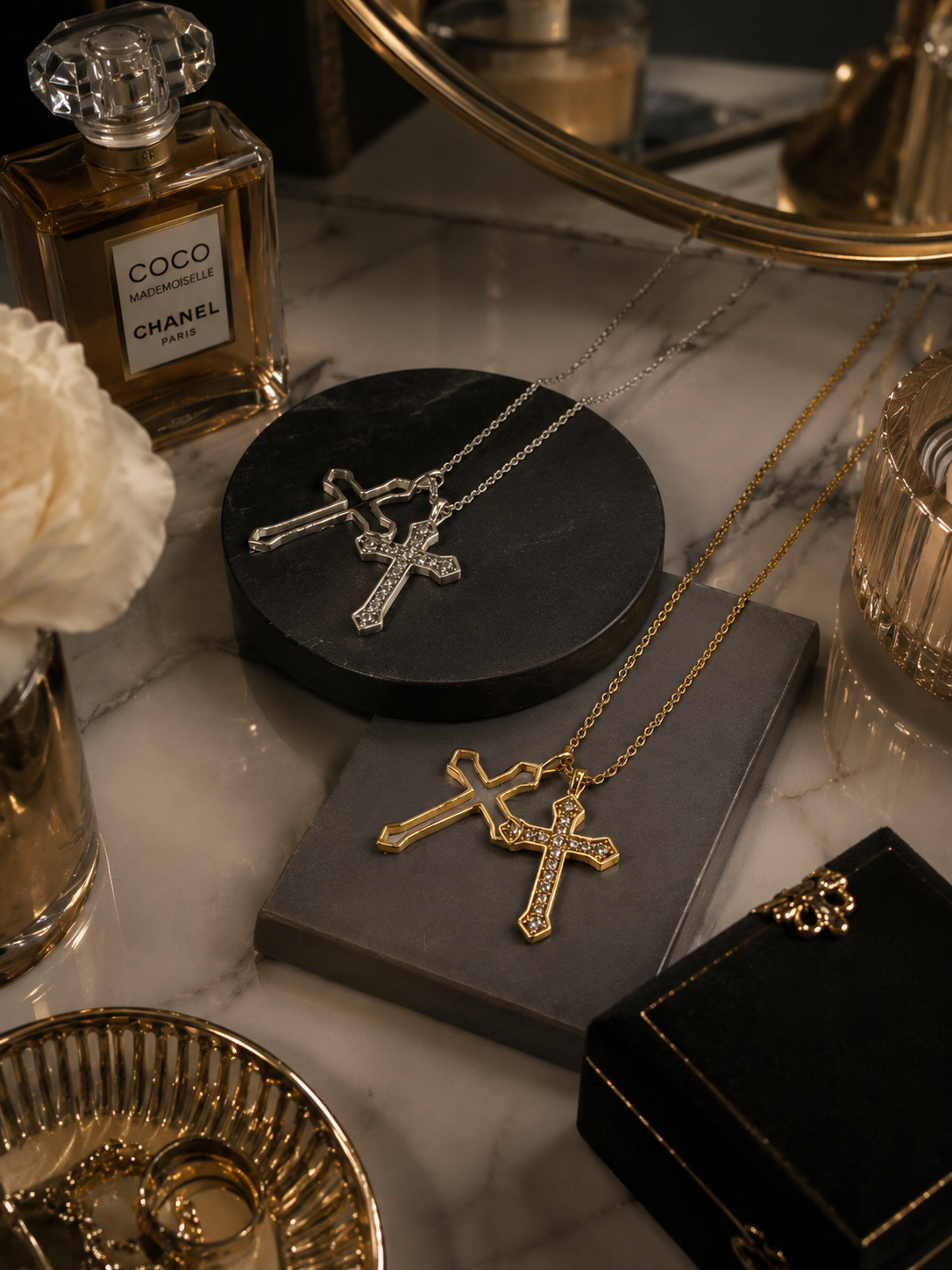 Elegant Double Cross Necklace for Women – Gold & Silver Crystal Cross Pendant