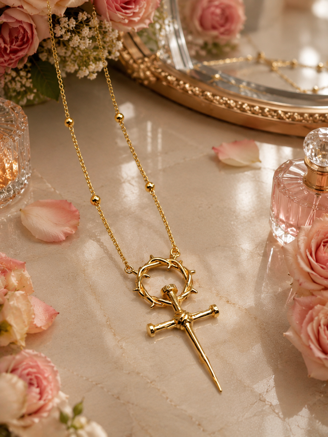 Elegant Gold Thorn Cross Necklace for Women – Faith-Inspired Pendant
